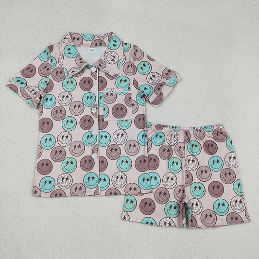 Mommy and me Family Baby Girls Women Blue Smile Buttons Shirts Shorts Pajamas