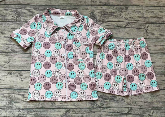 Adult Women Blue Smile Buttons Tops Shorts Pajamas