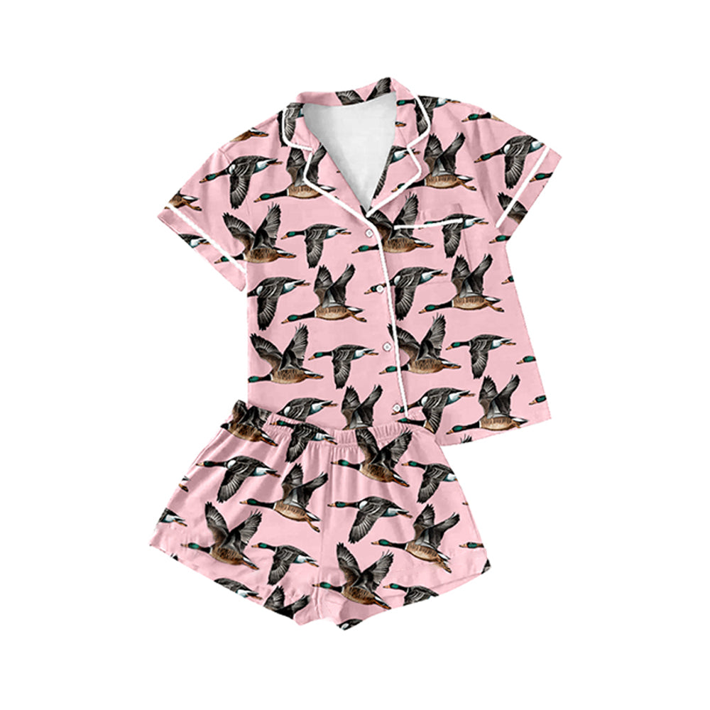 Preorder moq 5 Adult Women Pink Ducks Hunting Buttons Tops Shorts Pajamas Set