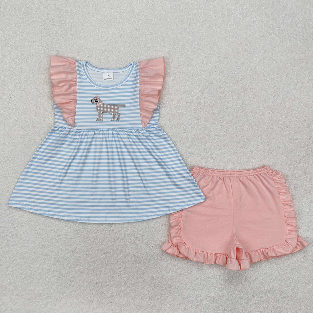 Baby Girls Blue Stripes Dog Tunic Ruffle Shorts Clothes Sets