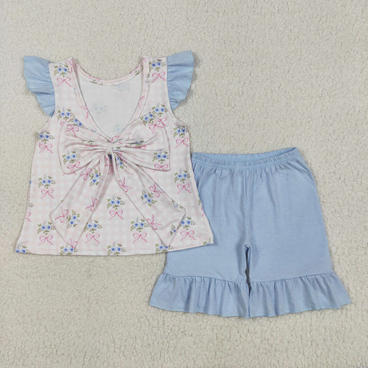 Baby Girls Pink Checkered Bows Tunic Ruffle Shorts Clothes Sets