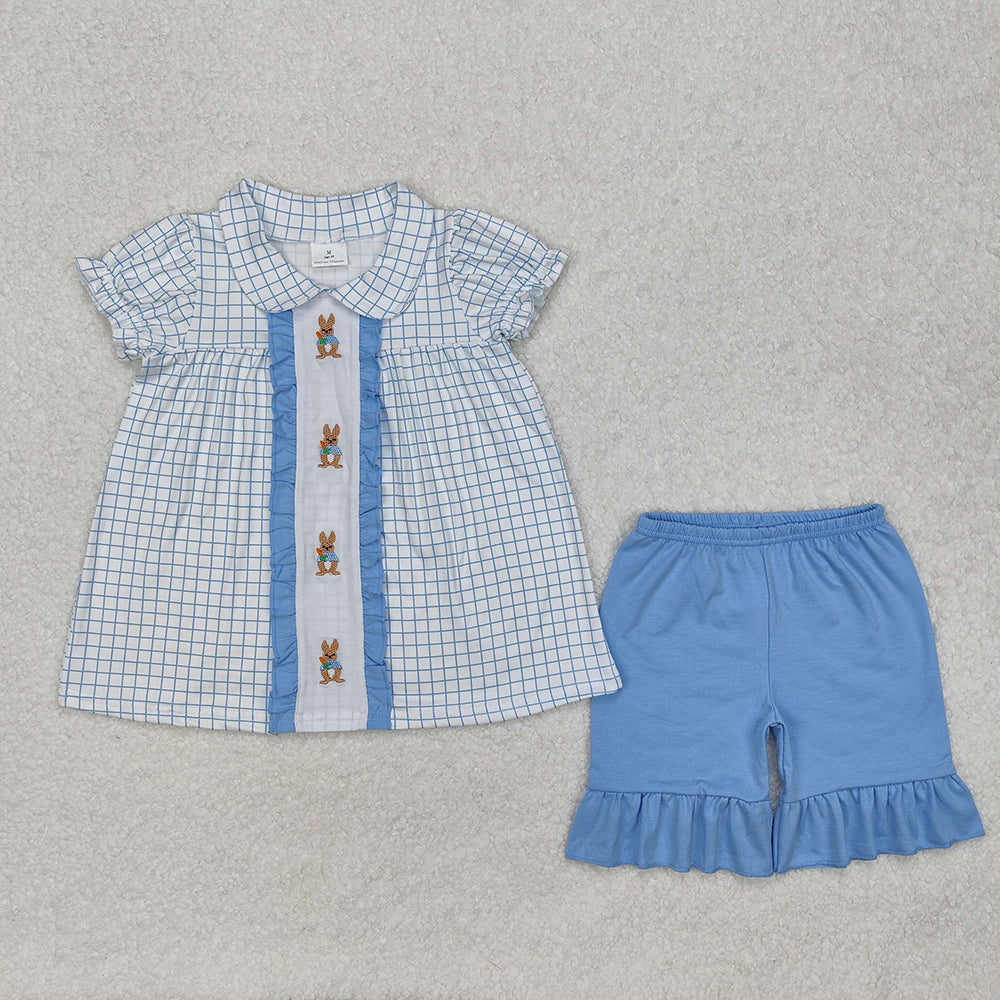 Baby Girls Easter Blue Checkered Rabbits Top Ruffle Shorts Clothes Sets