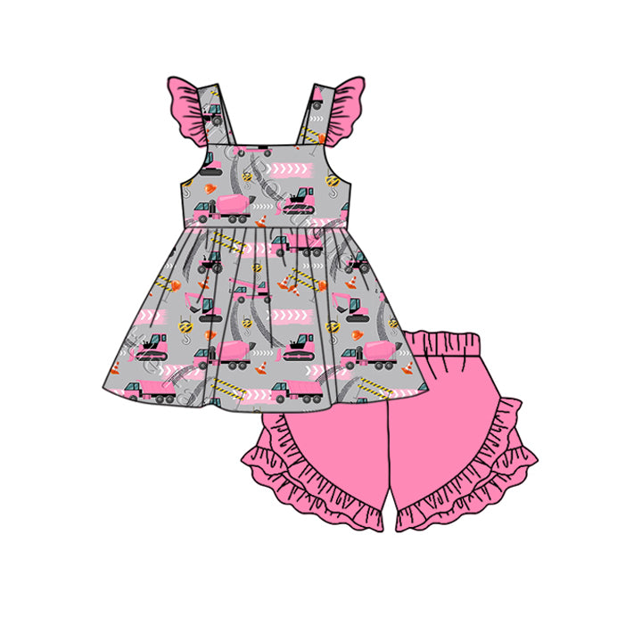 Baby Girls Pink Construction Tunic Ruffle Shorts Clothes Sets Preorder