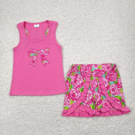 Sibling Embroidery Baby Girls Flower Bow Vest Top Ruffle Shorts Clothes Sets