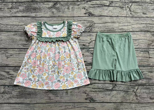 Baby Girls Floral Green Tunic Top Ruffle Shorts Clothes Sets