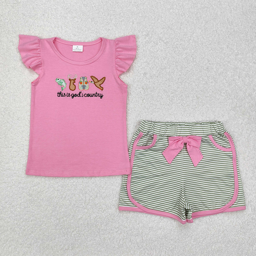 Baby Girls God Country Hunting Shirt Bow Shorts Clothes Sets