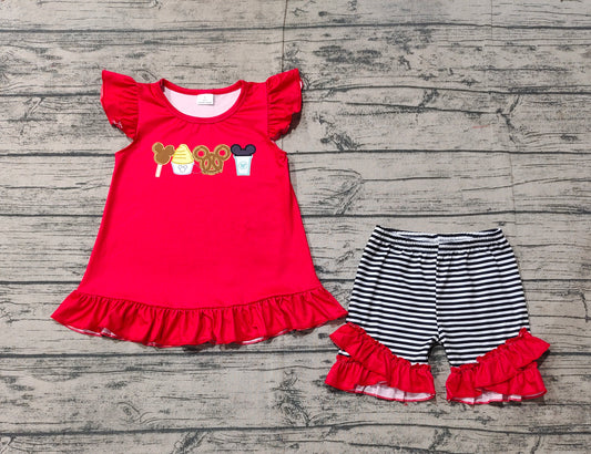 Baby Girls Red Cartoon Snacks Tunic Ruffle Shorts Clothes Sets