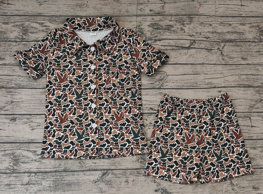 Adult Women Brown Duck Hunting Camo Buttons Tops Shorts Pajamas