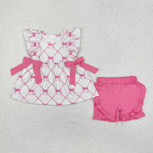 Sibling Sister Baby Girls Pink Bows Tunic Ruffle Shorts Rompers Clothes Sets