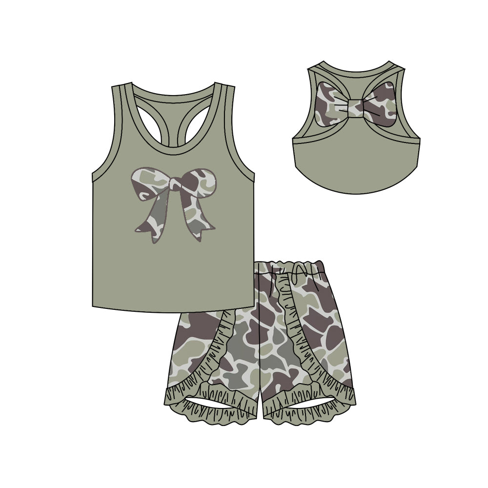 Preorder moq 5 Baby Girls Green Camo Bows Vest Ruffle Shorts Western Sets