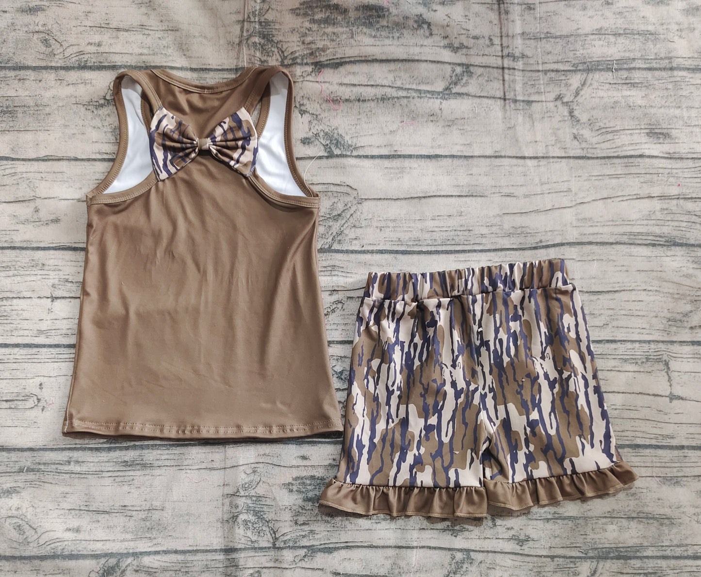 Baby Girls Dark Green Bows Vest Ruffle Bottomland Camo Shorts Clothes Sets