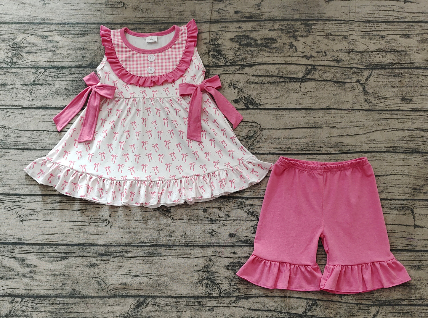 Baby Girls Pink Bows Bib Tunic Ruffle Shorts Clothes Sets