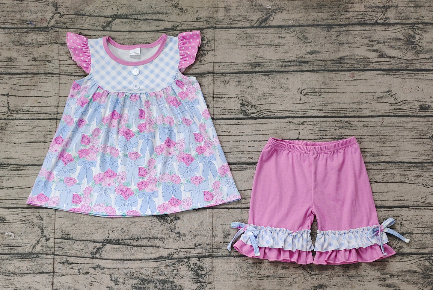 Baby Girls Checkered Flowers Bows Tunic Ruffle Shorts Clothes Sets