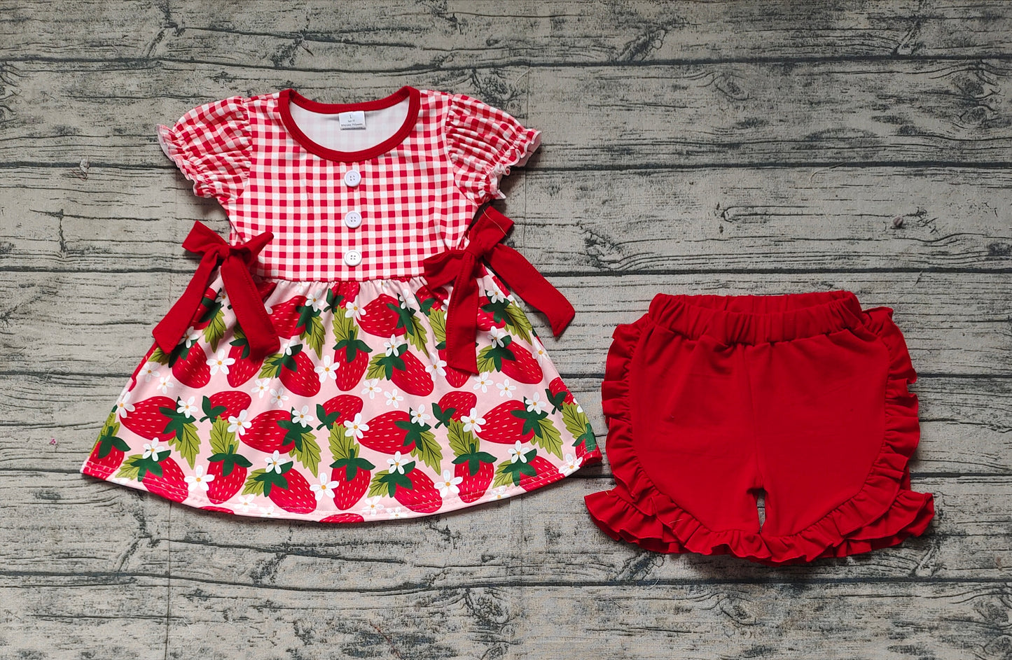Baby Girls Red Checkered Strawberry Bows Tunic Ruffle Shorts Clothes Sets