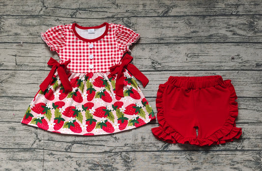 Baby Girls Red Checkered Strawberry Bows Tunic Ruffle Shorts Clothes Sets