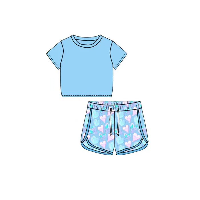 Baby Girls Blue Shirt Top Hearts Sports Shorts Clothes Sets Preorder