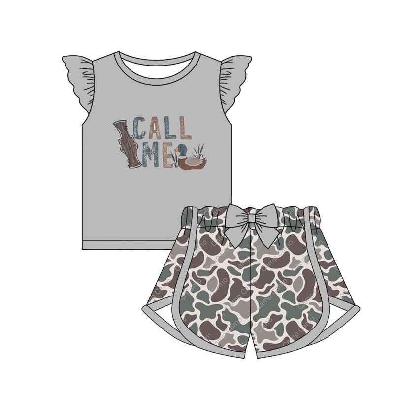 Preorder moq 5 Baby Girls Grey Camo Duck Call Me Top Shorts Western Sets