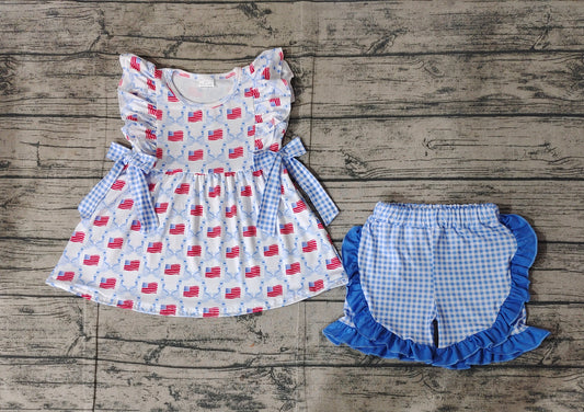 Baby Girls Blue Bows Flag Tunic Ruffle Shorts Clothes Sets