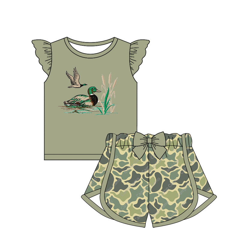 Baby Girls Duck Hunting Shirt Camo Bow Shorts Clothes Sets Preorder