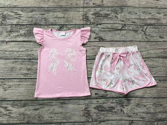 Baby Girls Pink Flowers Big Bow Shirt Shorts Clothes Sets
