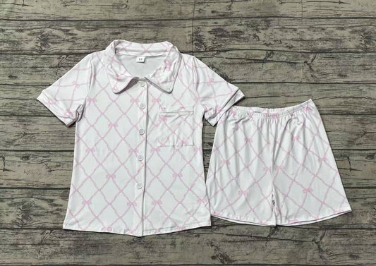 Adult Women Pink Bows Buttons Tops Shorts Pajamas