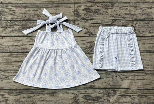Baby Girls Blue Flowers Straps Tunic Ruffle Shorts Clothes Sets