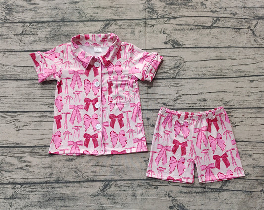 Baby Girls Pink Bows Pocket Lapel Buttons Shirt Shorts Pajamas Sets