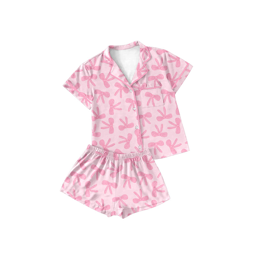 Baby Girls Pink Bows Buttons Shirt Shorts Pajamas Clothes Sets Preorder