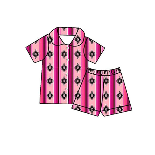 Baby Girls Pink Western Aztec Button Up Shirts Shorts Pajamas Clothes Sets Preorder