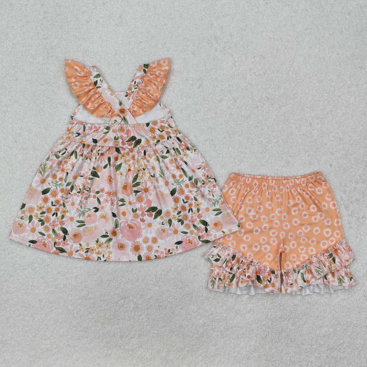 Baby Girls Pink Spring Flowers Straps Tunic Shorts Clothes Sets