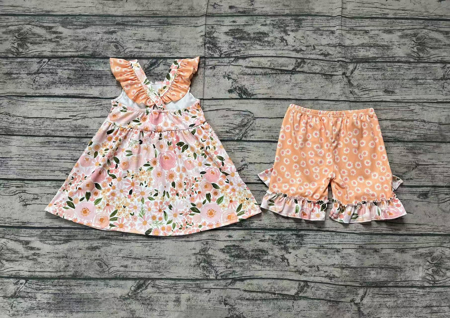 Baby Girls Pink Spring Flowers Straps Tunic Shorts Clothes Sets