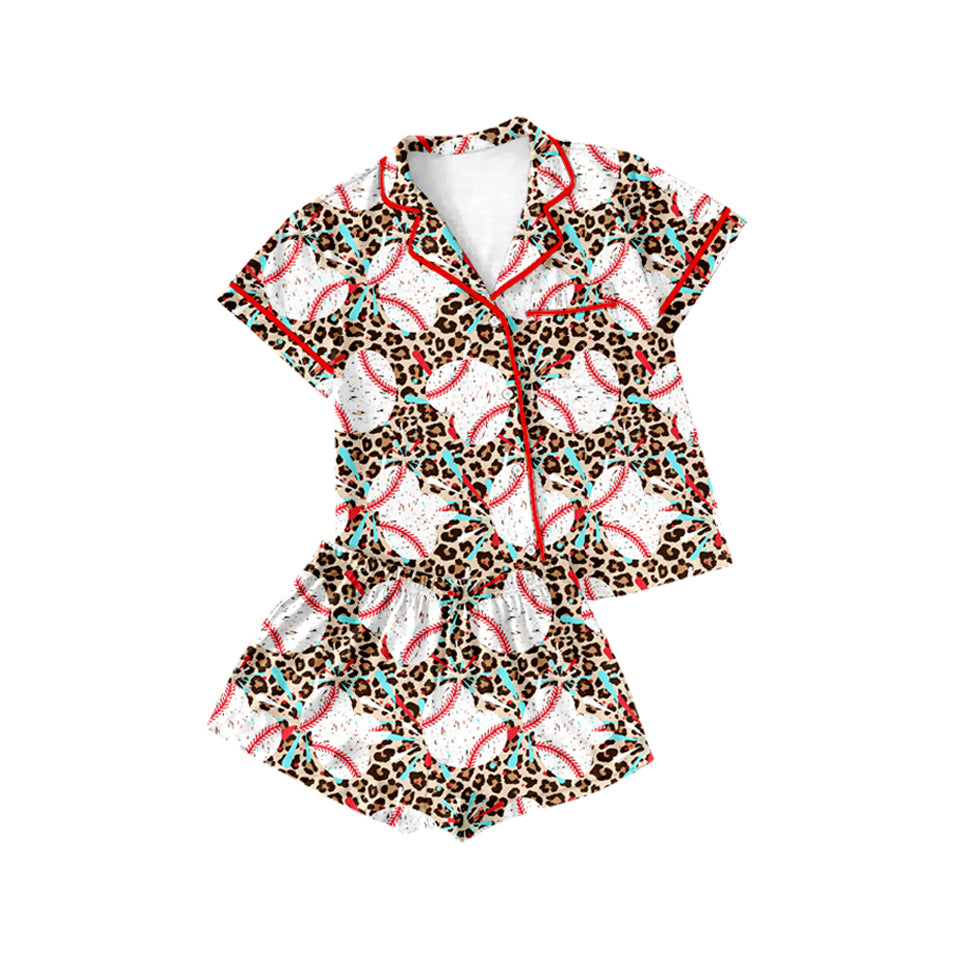 Preorder moq 5 Baby Girls Leopard Baseball Buttons Shirts Shorts Pajamas Clothes Sets