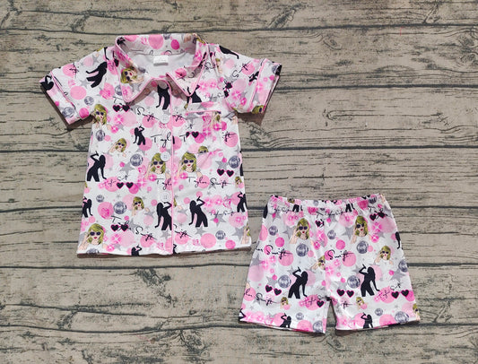 Baby Girls Pink Singer Stars Buttons Shirts Shorts Pajamas Clothes Sets