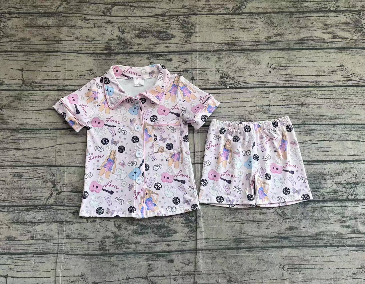Baby Girls Pink Singer Lover Buttons Shirts Shorts Pajamas Clothes Sets