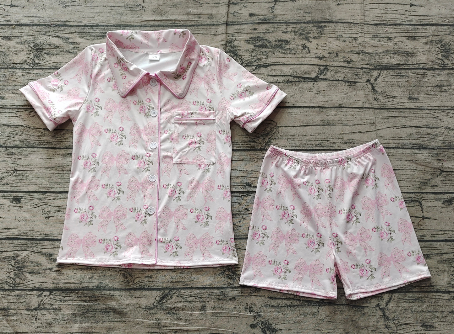 Adult Women Pink Bows Flowers Buttons Tops Shorts Pajamas
