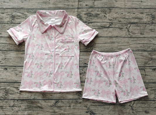 Adult Women Pink Bows Flowers Buttons Tops Shorts Pajamas