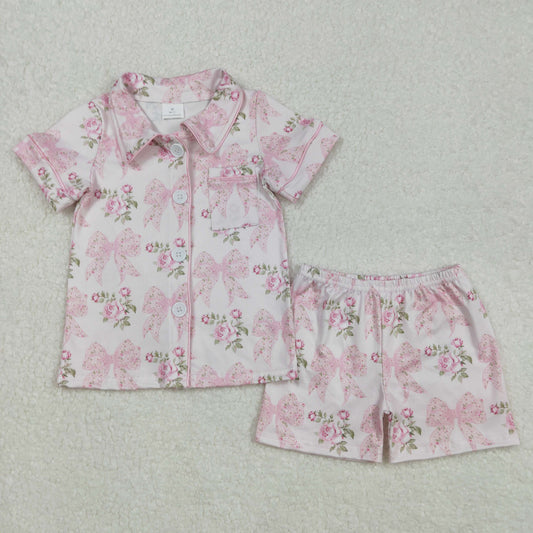 Sibling Baby Girls Colorful Bows Buttons Shirt Shorts Pajamas Clothes Sets
