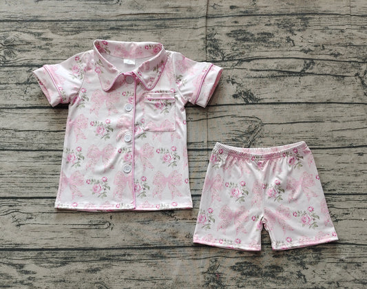 Baby Girls Pink Bows Flowers Buttons Top Shorts Pajamas Clothes Sets