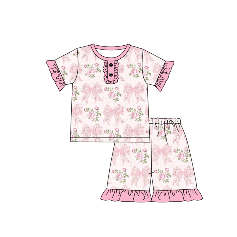Baby Girls Pink Bows Flowers Top Shorts Pajamas Clothes Sets Preorder