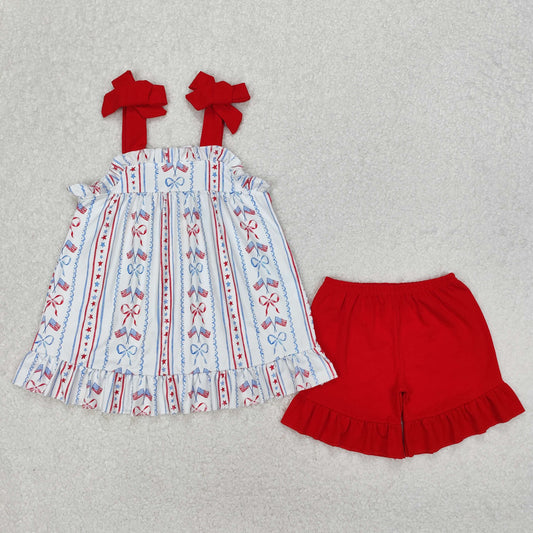 Sibling Baby Girls 4th Of July Flag Bows Rompers Outfits Sets