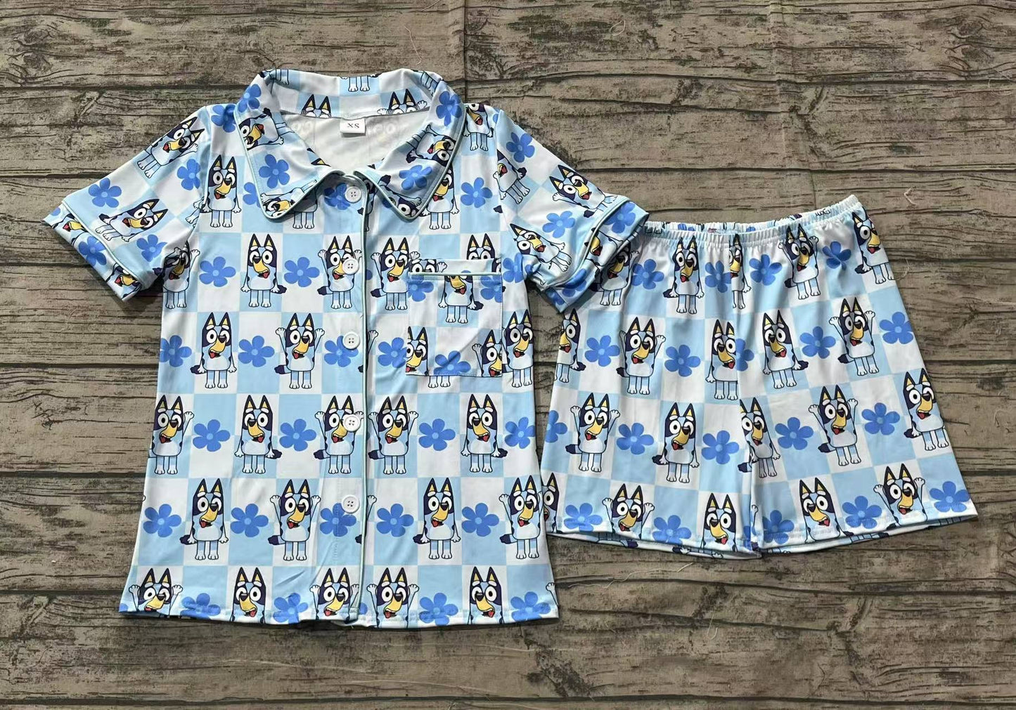 Adult Women Dogs Checkered Flowers Buttons Tops Shorts Pajamas