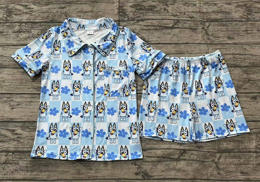 Adult Women Dogs Checkered Flowers Buttons Tops Shorts Pajamas
