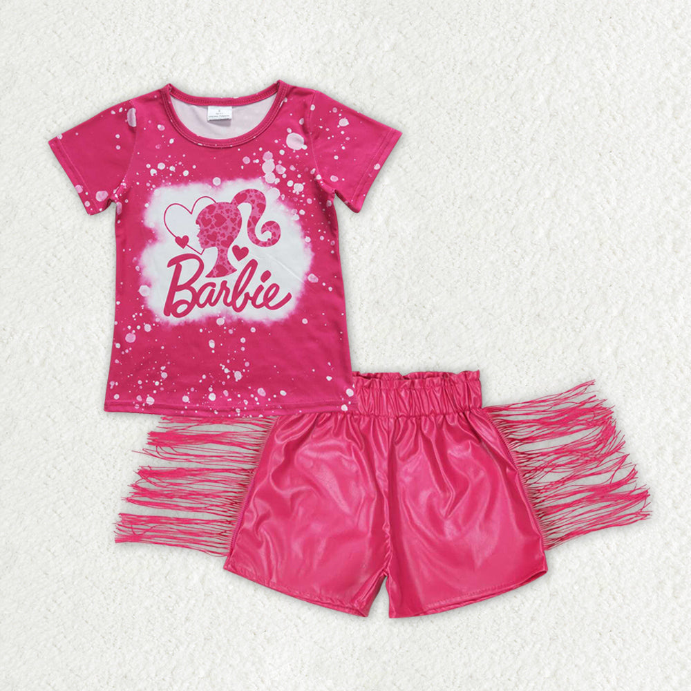 Baby Girls Pink Doll Shirts Tops Leather Tassel Shorts Clothes Sets