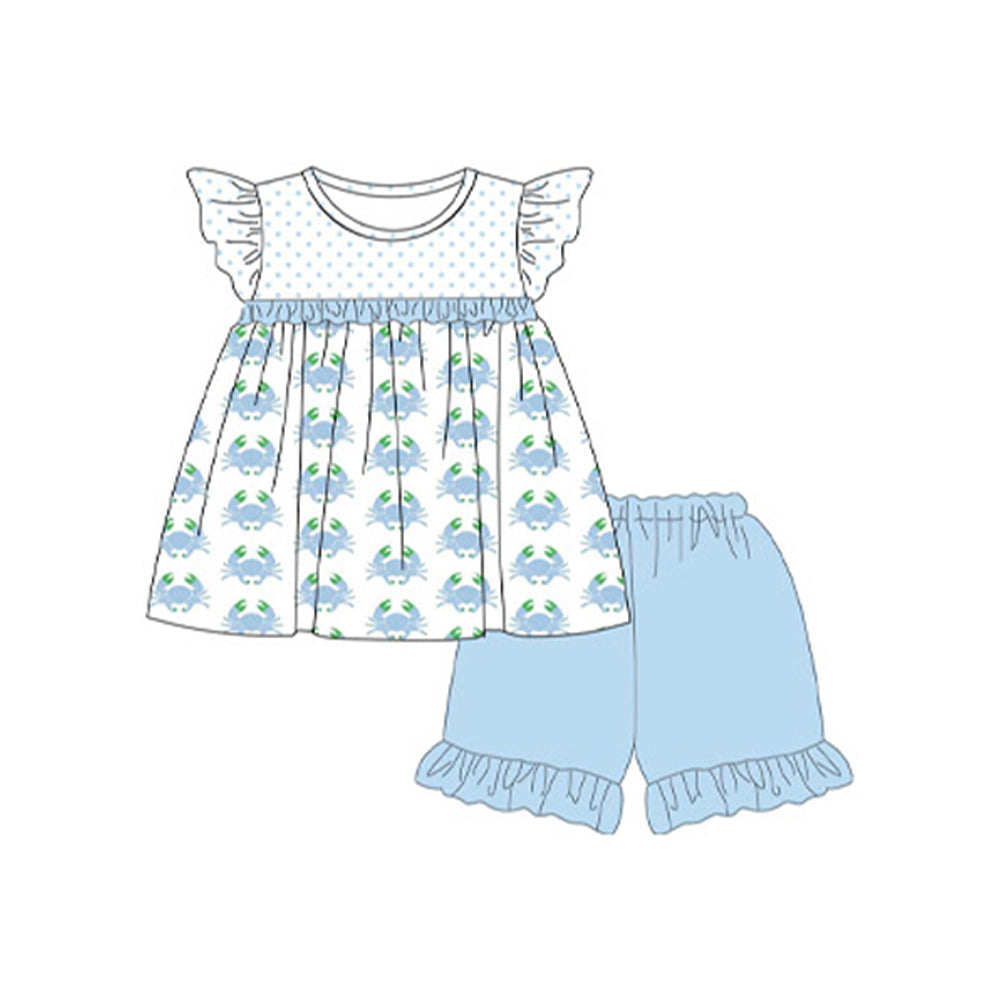 Baby Girls Blue Dots Crabs Tunic Shorts Clothes Sets Preorder