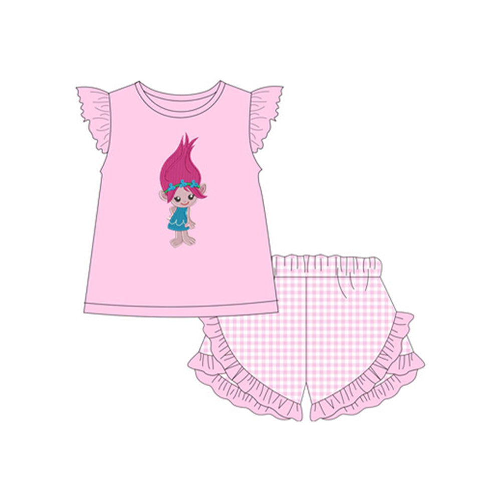 Baby Girls Pink Long Hair Cartoon Shirts Ruffle Shorts Clothes Sets Preorder