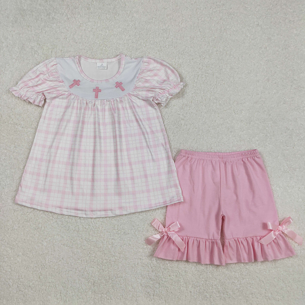 Baby Girls Pink Checkered Easter Cross Tunic Ruffle Shorts Clothes Sets