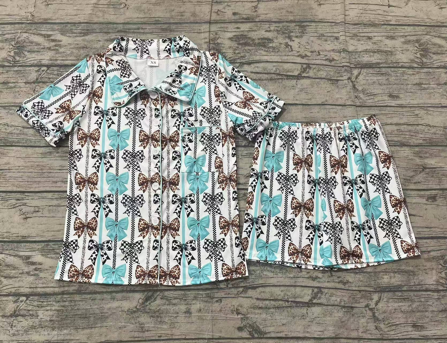 Adult Women Western Bows Stripes Buttons Tops Shorts Pajamas