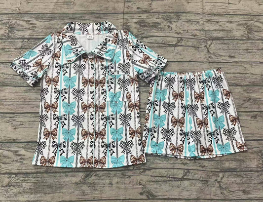 Adult Women Western Bows Stripes Buttons Tops Shorts Pajamas