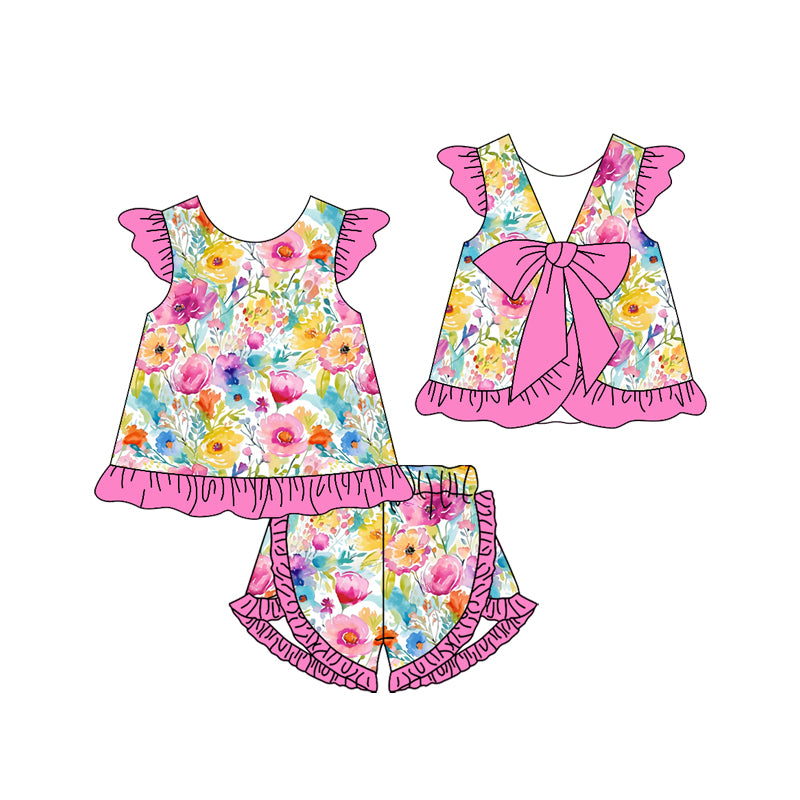 Baby Girls Colorful Flowers Tunic Ruffle Shorts Clothes Sets Preorder