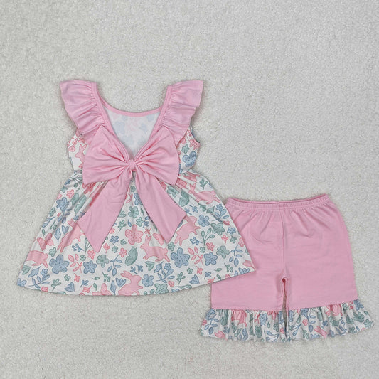 Baby Girls Pink Easter Rabbits Tunic Ruffle Shorts Clothes Sets
